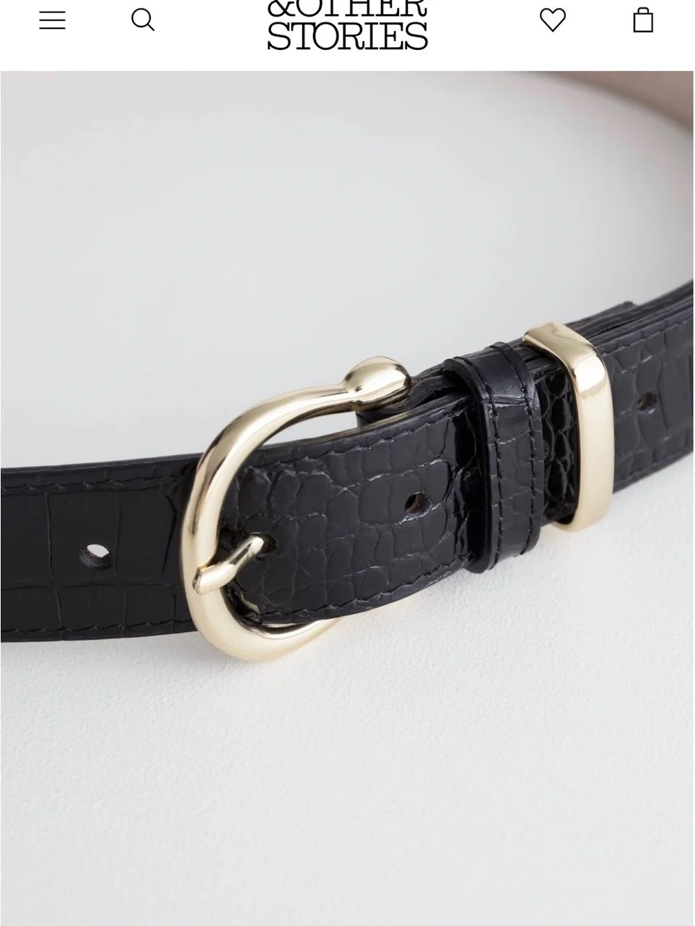 & Other Stories Black Croc-Embossed Leather Belt with Gold Buckle